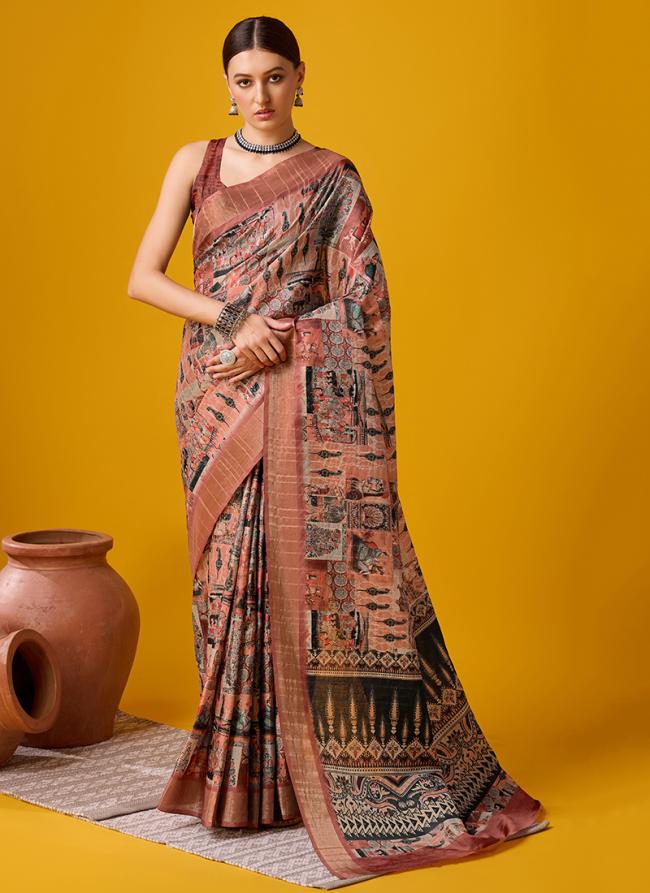 Cotton Brown Festival Wear Floral Print Saree